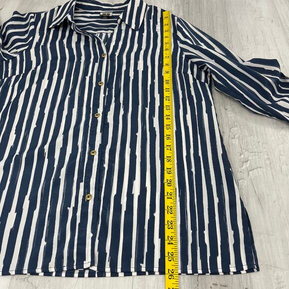 Ann Klein Blue White Stripe Roll Sleeve Lightweight Beach Summer Button Up Shirt - Picture 10 of 10